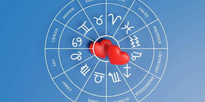 a pair of red hearts in the center of zodiac circle on blue background illustration of the concept of love and relationship horoscope